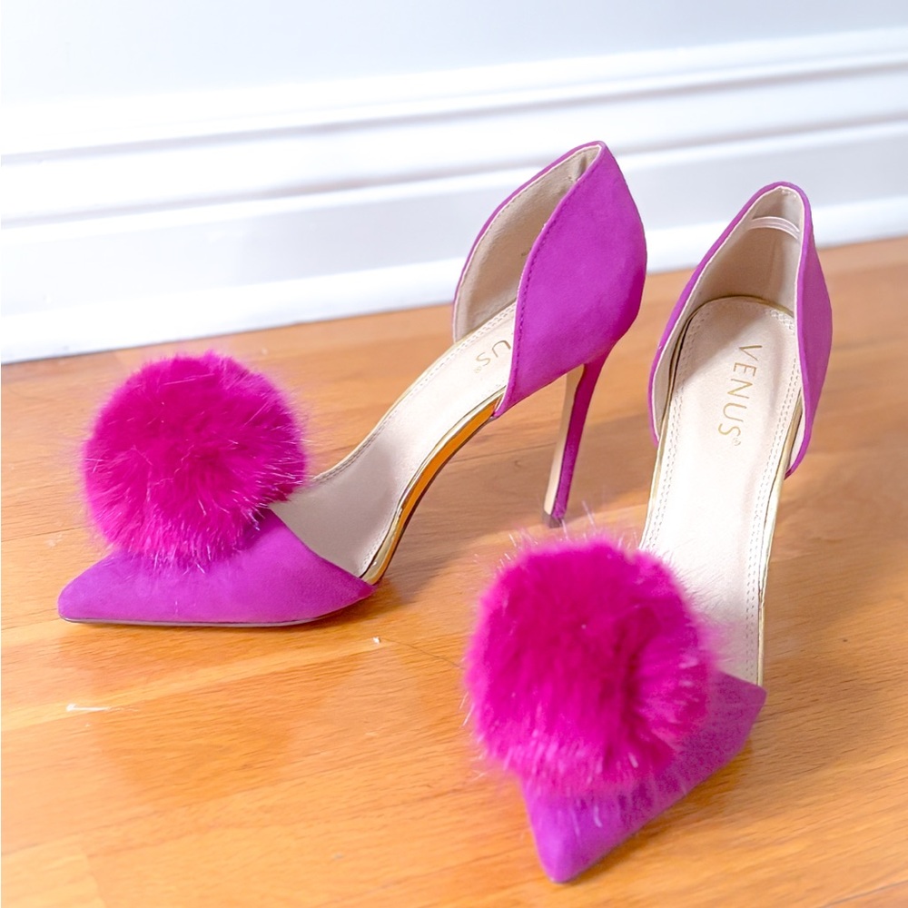 VENUS Women's Fuchsia Heels with Fluffy Pom Pom